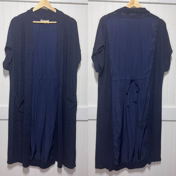 Saturday Sunday Navy Blue Short Sleeve Open Front Cardigan Duster Tie Detail - Picture 1 of 8